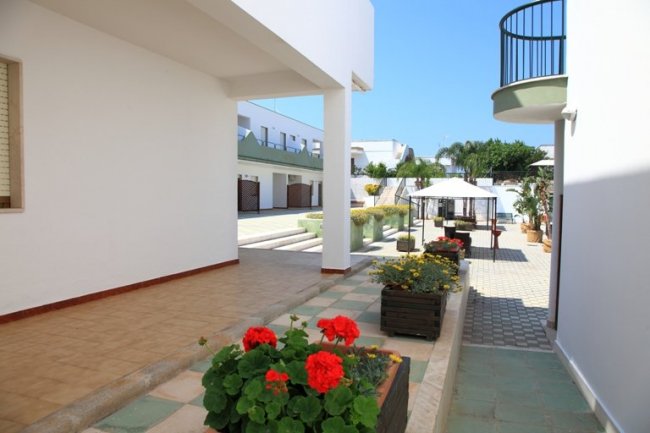 Cortile esterno con fiori e gazebo.