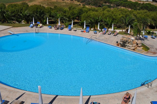 Ampia piscina con lettini e ombrelloni, palme sullo sfondo.