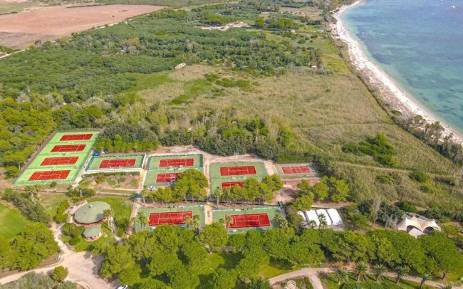 Veduta aerea di campi da tennis tra alberi vicino alla spiaggia.