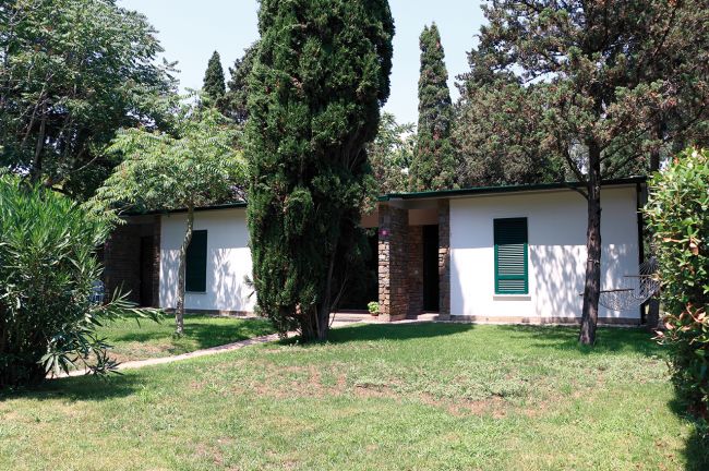 Casa con persiane verdi circondata da alberi.