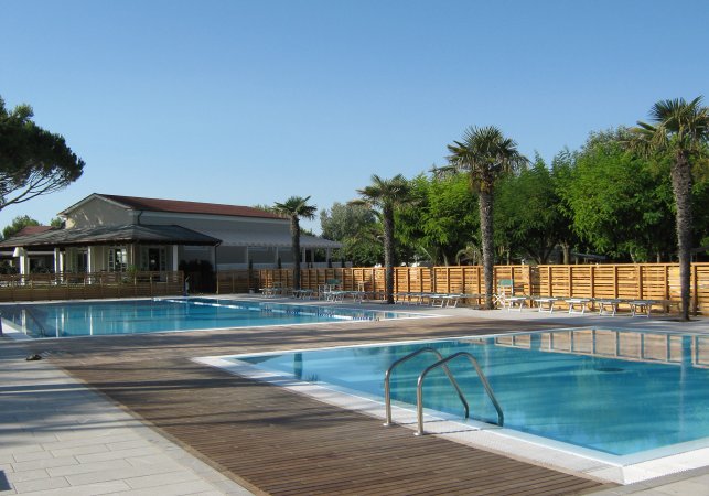 Due piscine circondate da palme e recinzione in legno.